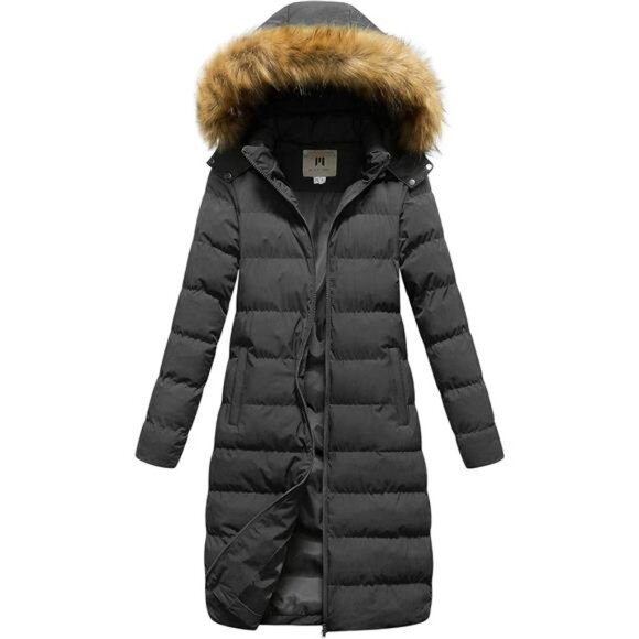 Women's Long Winter Faux Fur Coat Puffer Warm Jacket with Detachable Hood
